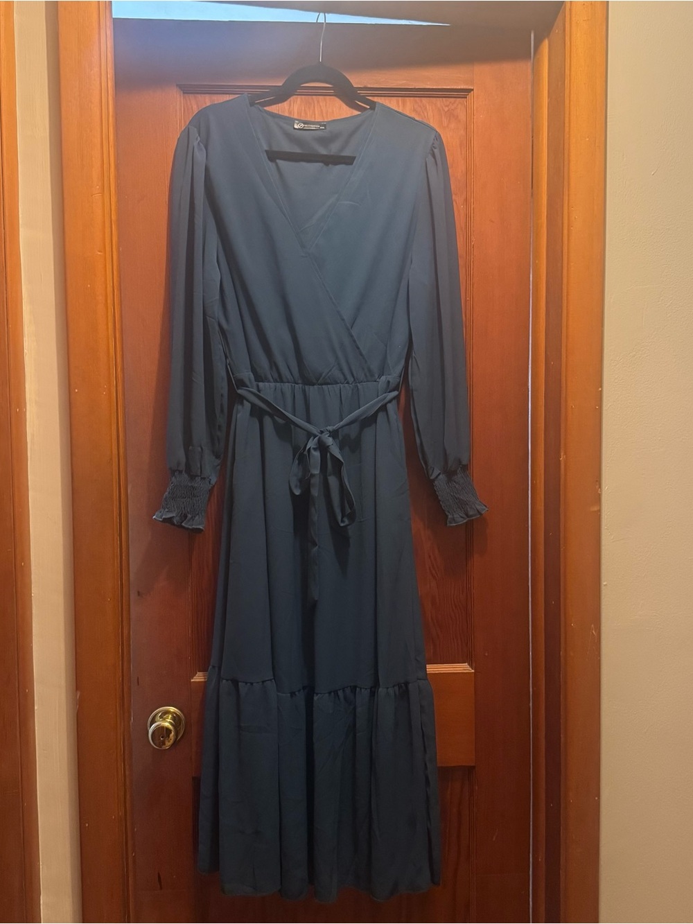 Long Sleeve Navy Wrap Maxi Dress with Tie Waist